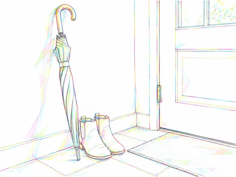 A folded umbrella beside two ankle boots in the Spectral Trace style