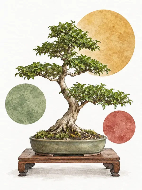 Small bonsai on a stand in the Mottled Orbits style