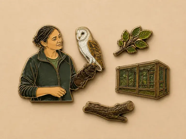 Wildlife caretaker holding a barn owl in the Enamel Parade style