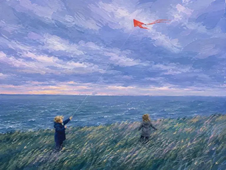 Children flying a coral kite on a coastal meadow in the Periwinkle Weather style