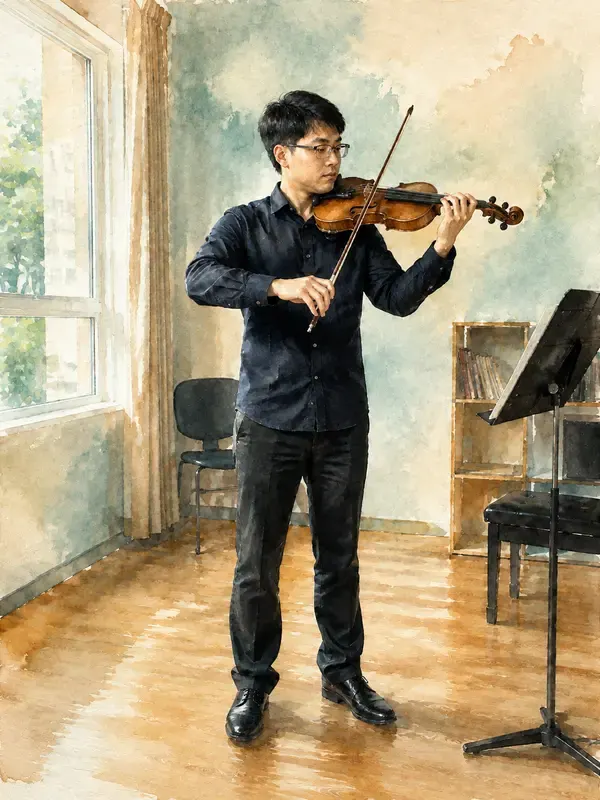 Violinist playing in a rehearsal room in the Luminous Veil style