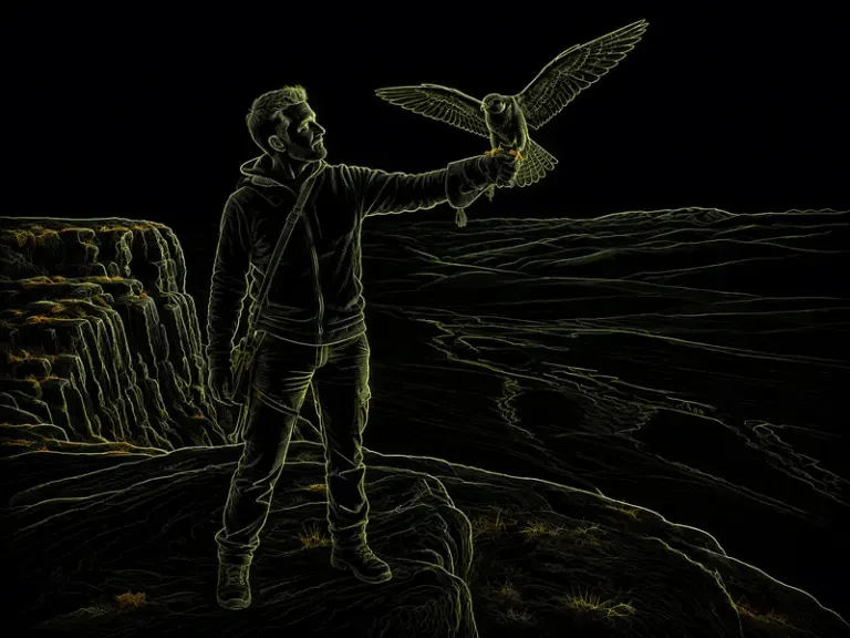 Falconer holding a bird on a cliff overlook in the Vector Beam style