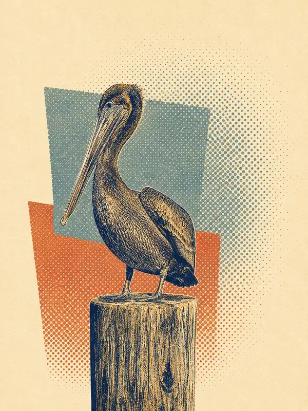 Brown pelican standing on a dock post in the Dot Drift style