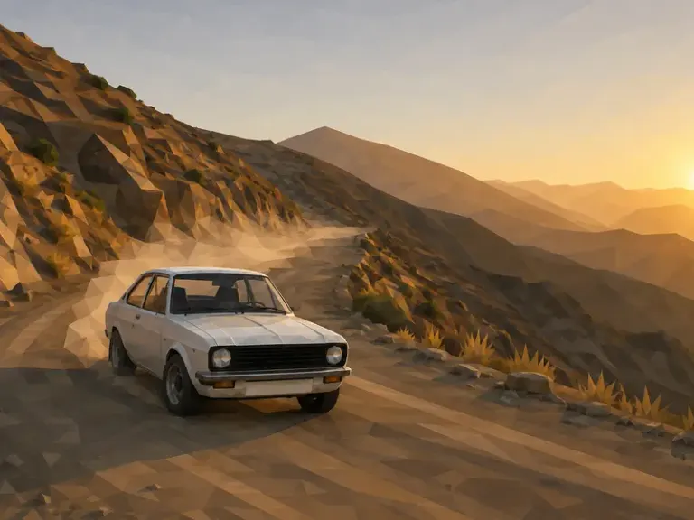 Rally car rounding a dusty mountain bend in the Polygon Dawn style