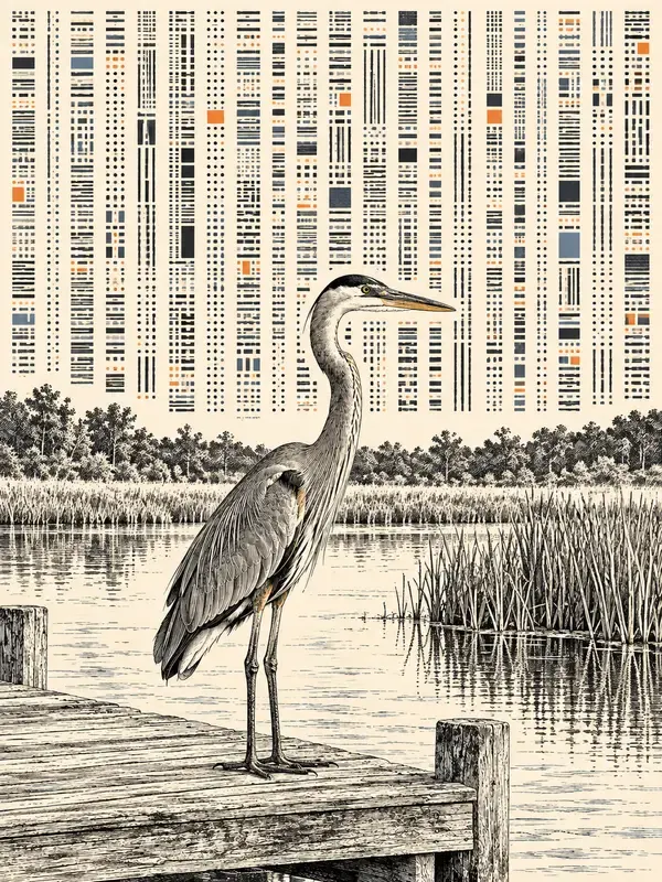 Heron on a low dock in the Vertical Index style