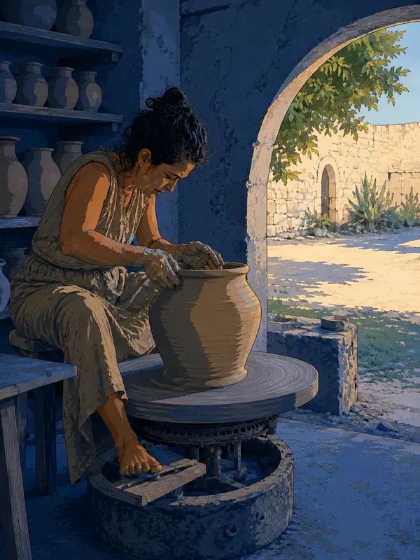 Potter beneath a courtyard arch in the Night Arch style