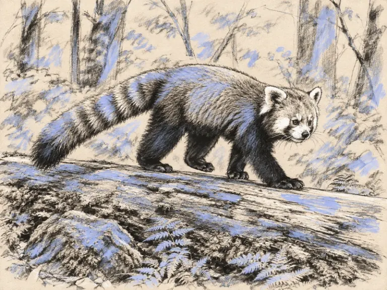 A red panda walking on a fallen log in the Searching Blue style
