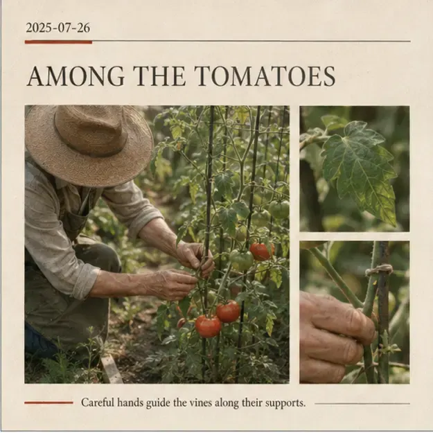 Gardener tending tomatoes in the Weekend Review style