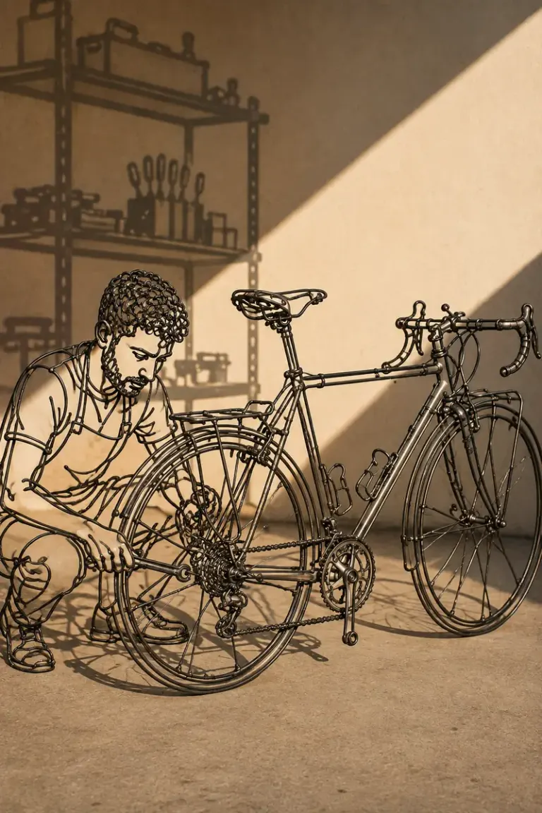 Bicycle mechanic working in a garage in the Wire & Shadow style