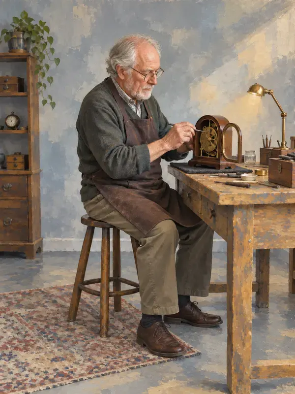 Clock repairer at a bench in the Ash Planes style