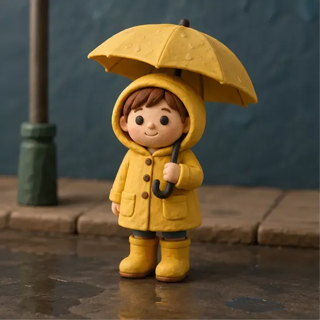 Child in a raincoat in the Soft Clay style
