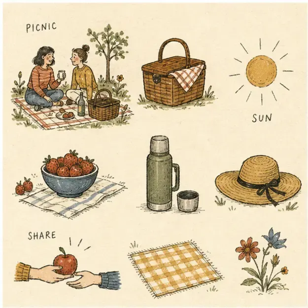 Friends at a picnic in the Nine Things style