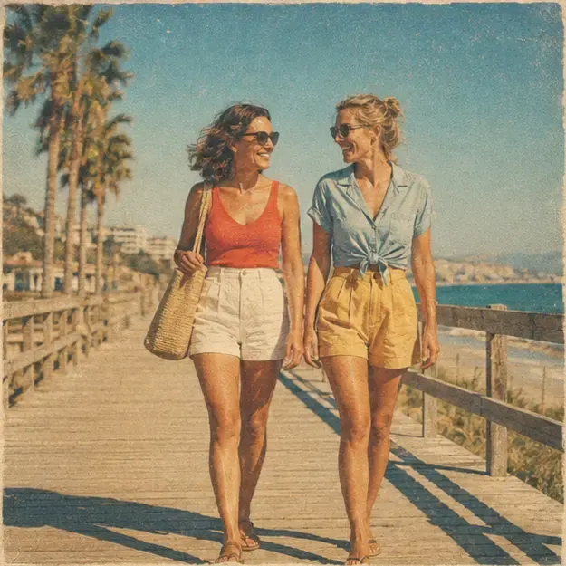 Friends on a boardwalk in the Postcard Summer style