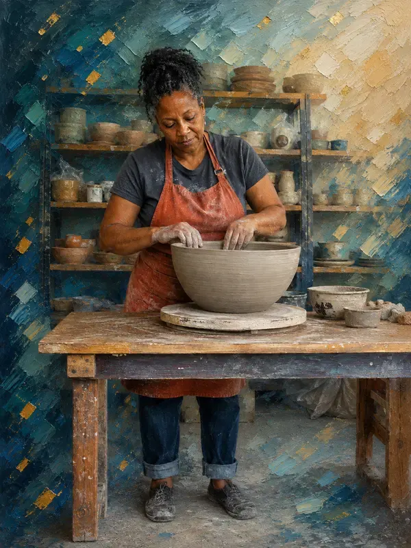 Ceramicist shaping a clay bowl in the Gilt Current style