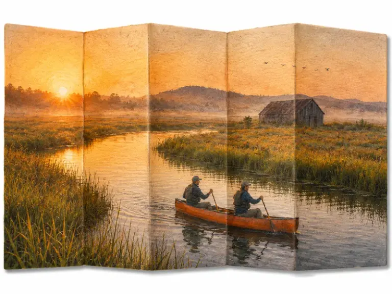 Two paddlers crossing a wetland in the Accordion Drift style