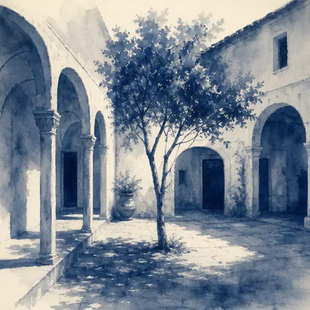 Arched courtyard in the Mono Wash style
