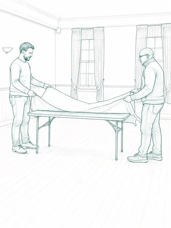 Two adults unfolding a tablecloth in the Cyan Rough style
