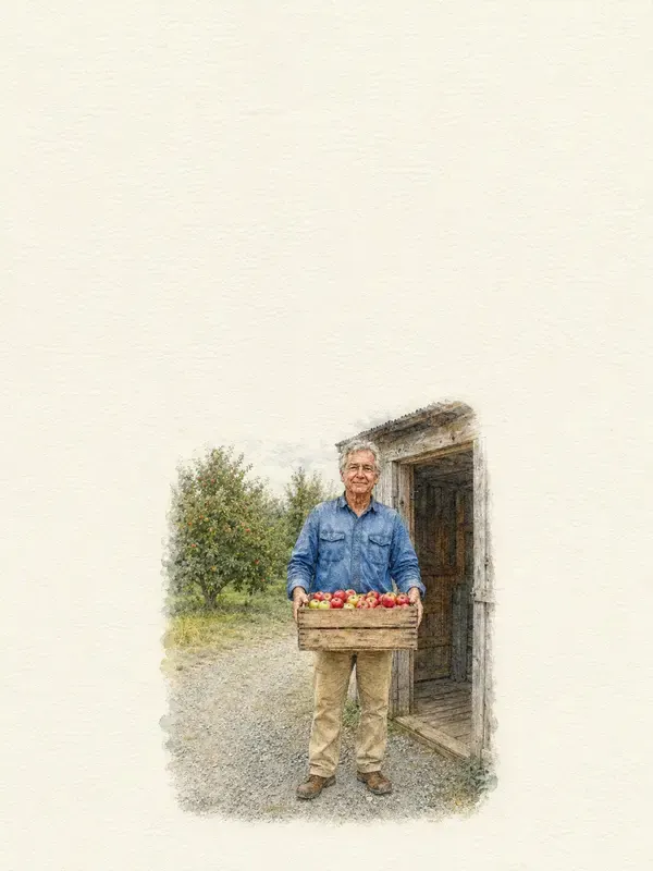 Orchard worker carrying a crate of apples in the Cotton Vignette style