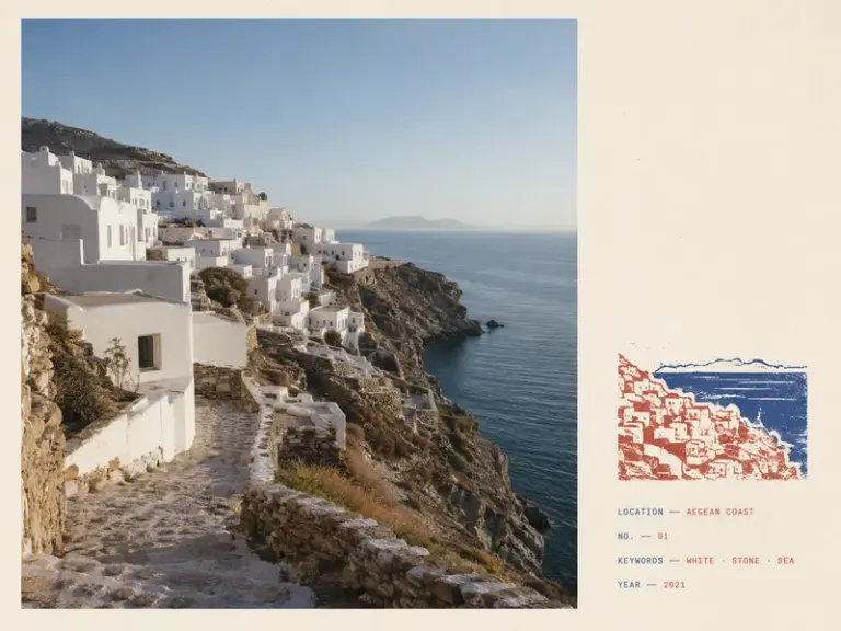 White hillside village in the minimal Field Imprint composition