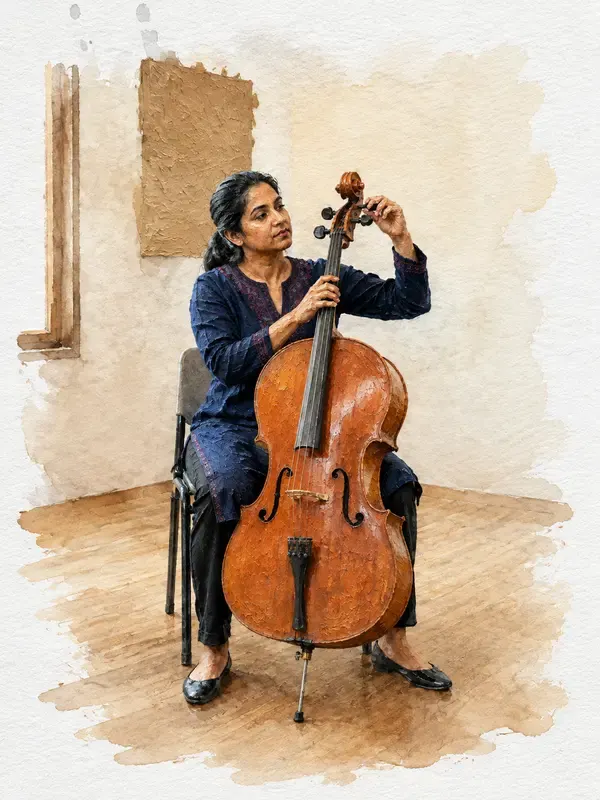 Cellist tuning her instrument in the Wash Relief style