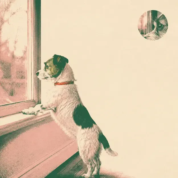 Dog watching through a window in the Editorial Halftone style