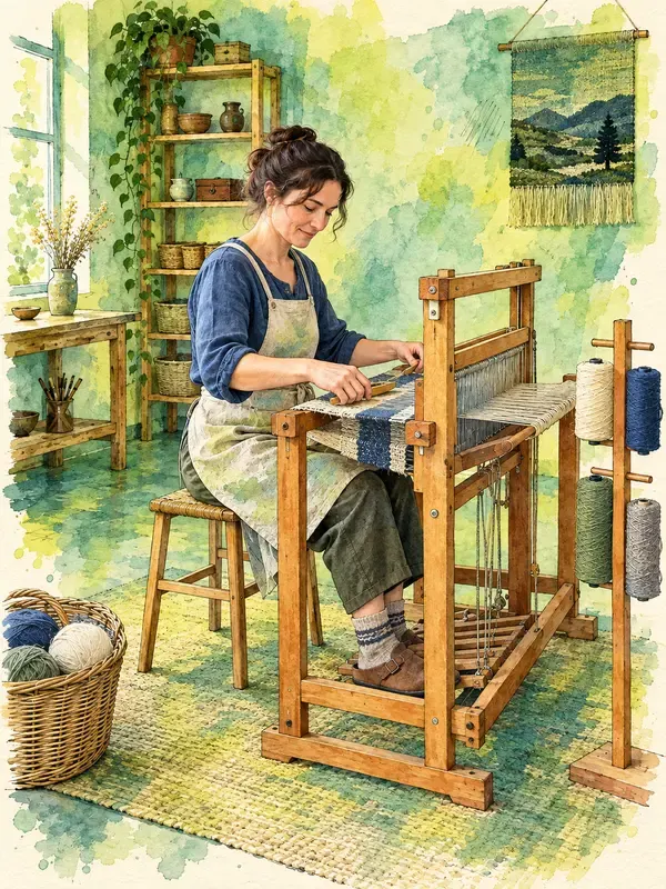 Weaver at a small loom in the Acid Glaze style