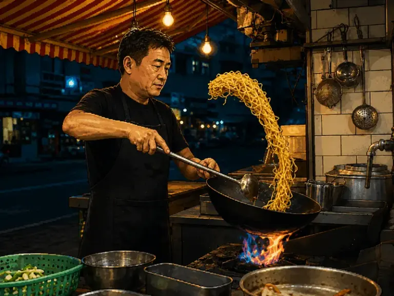 Street cook tossing noodles over a glowing wok in the Sprite Cinema style