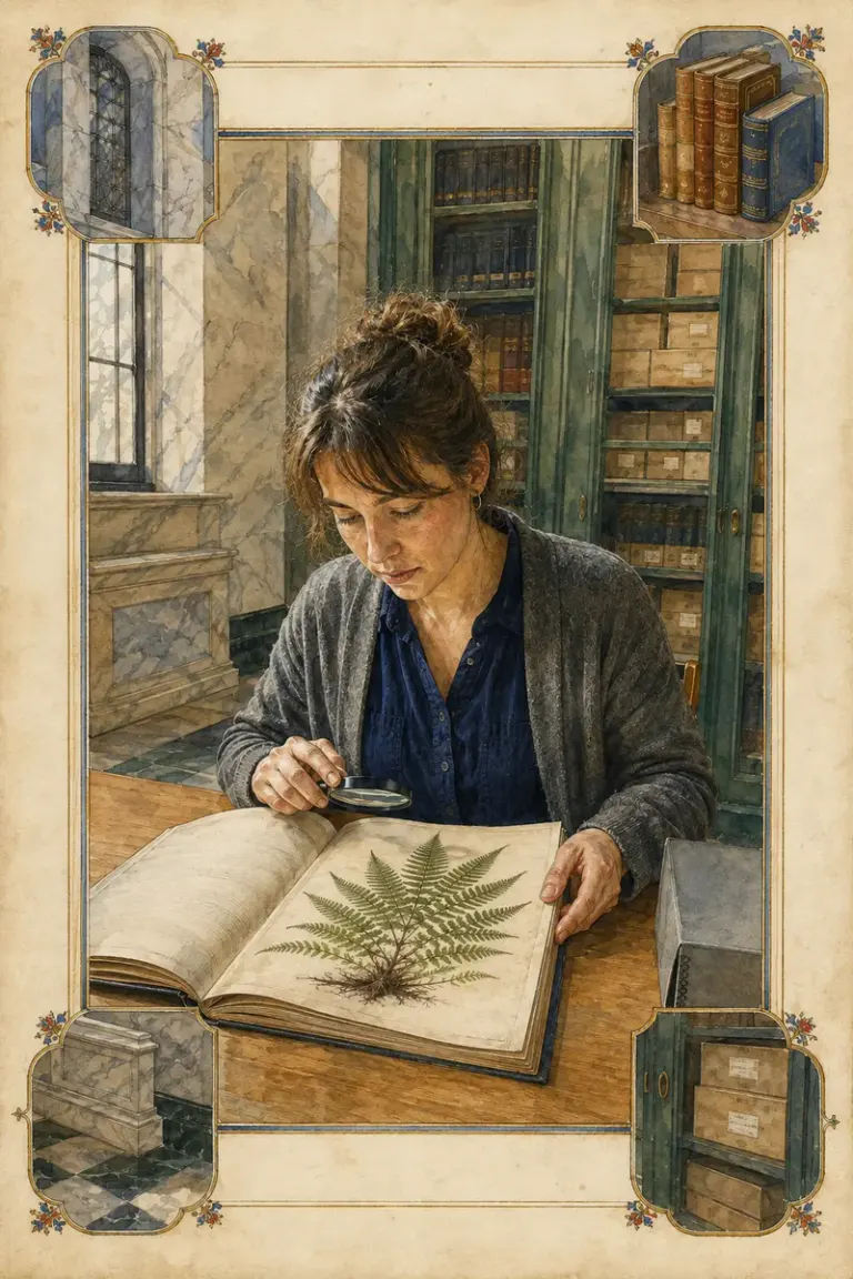 Archivist studying a botanical book in the Miniature Margins style