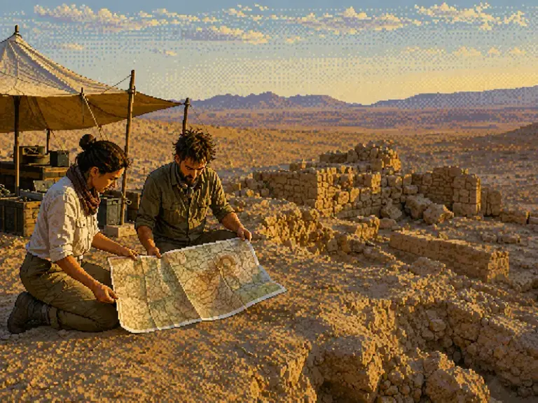 Two archaeologists unfolding a map beside desert ruins in the Indexed Dreamscape style