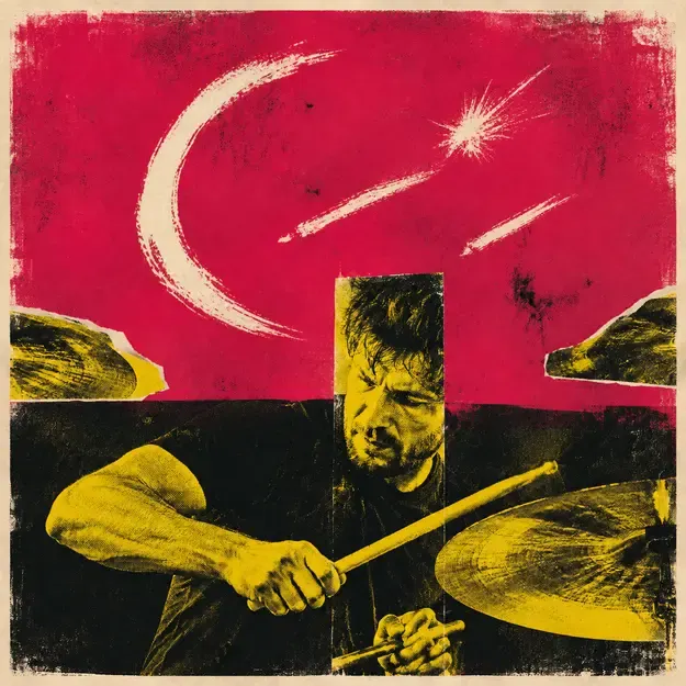 Drummer playing a cymbal in the Emblem Print style
