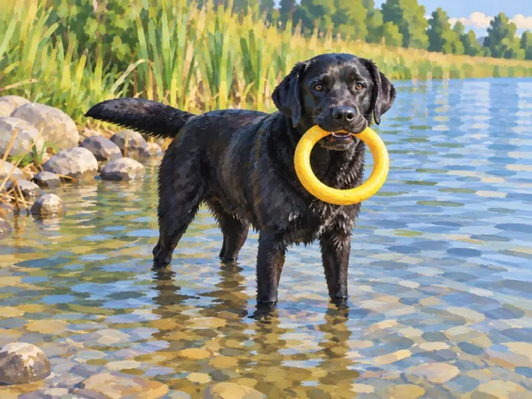 Black retriever holding a yellow ring in the Glazed Dabs style
