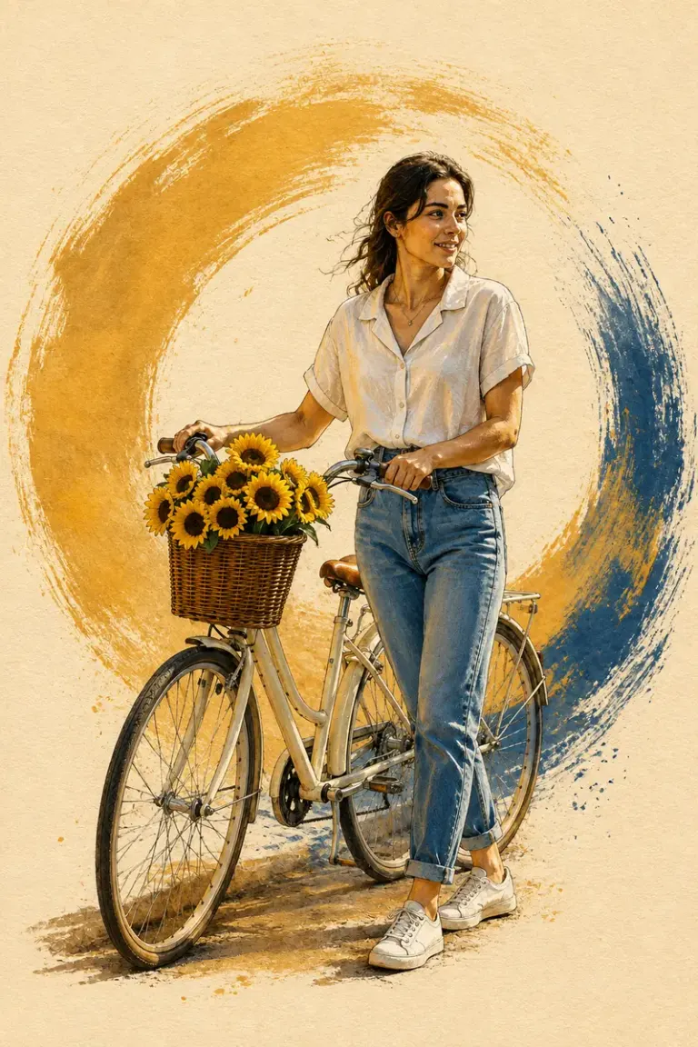 Cyclist walking beside sunflowers and an ochre wall in the Brush Halo style