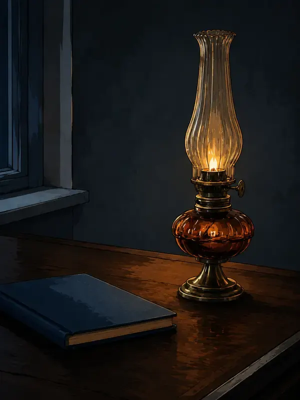 Oil lamp beside a notebook in the Object Lantern style