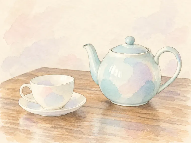 A teapot beside a cup and saucer in the Petal Wash style