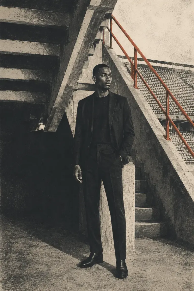 Fashion model beneath monumental stadium stairs in the Soft Brutal style