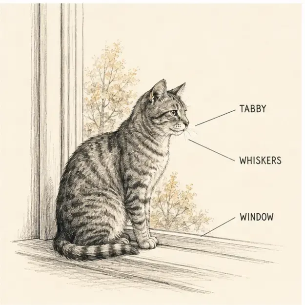 Tabby cat by a window in the Margin Notes style