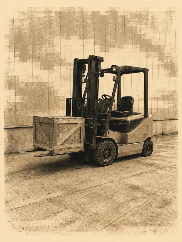 Forklift carrying a wooden crate in the Soot Relay style