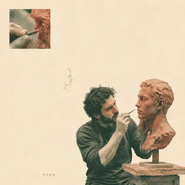 Sculptor shaping a clay bust in the Editorial Halftone style