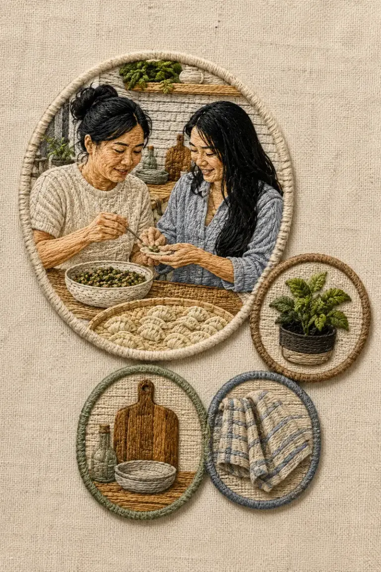 Two sisters folding dumplings in the Patch Club style