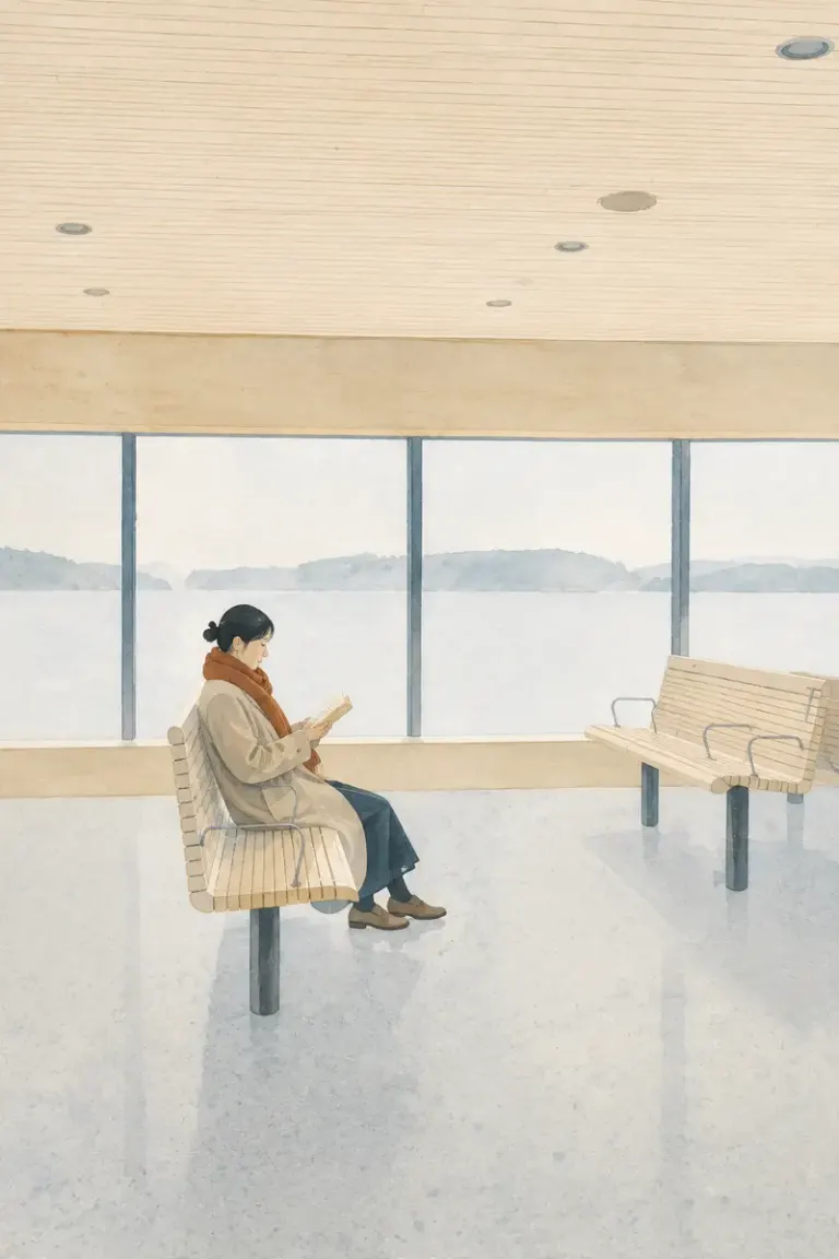 Reader seated in a spacious ferry terminal in the Nordic Air style