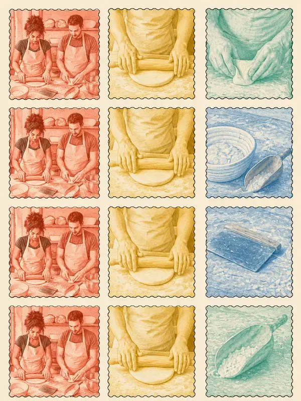 Two bakers rolling and folding dough in the Stamp Quilt style
