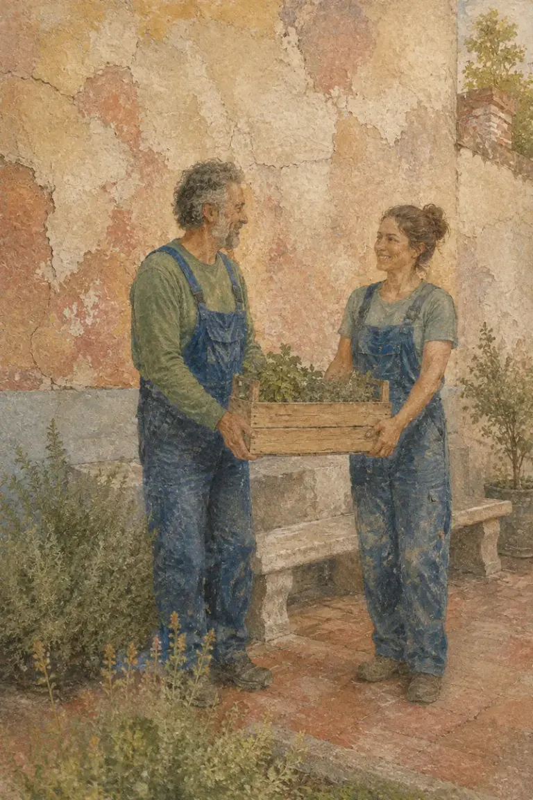 Two gardeners carrying a seedling crate in the Weathered Fresco style