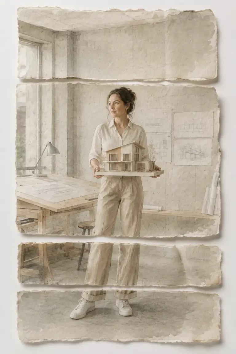 Architect holding a small house model in the Washi Tabs style