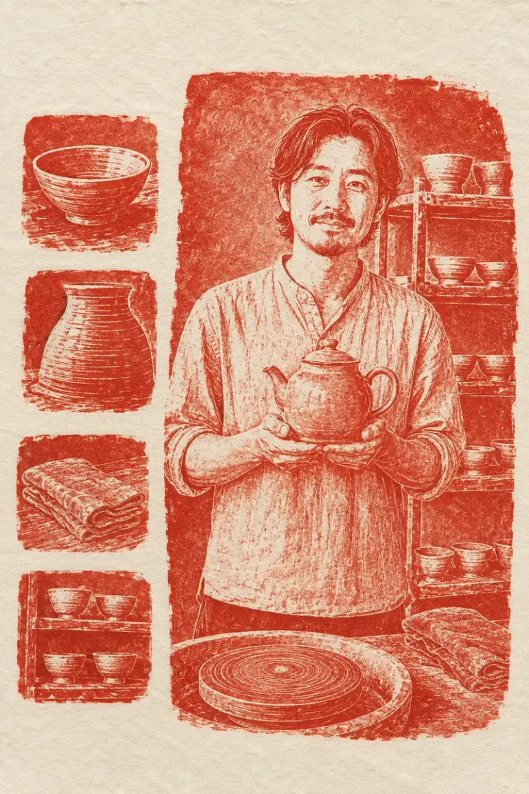 Potter holding a finished teapot in the Vermilion Steps style
