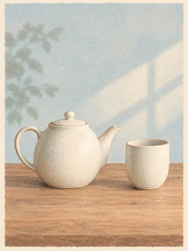 Ceramic kettle and cup in the Pastel Stillness style
