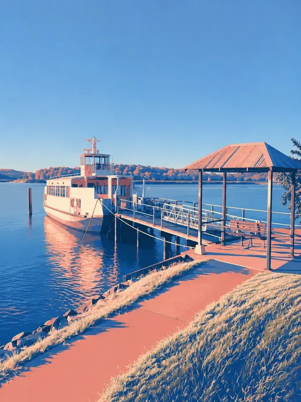 Ferry at a quiet terminal in the Cobalt Enamel style