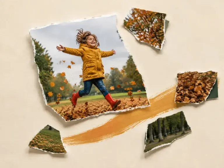 Child jumping through autumn leaves in the Loose Cut style