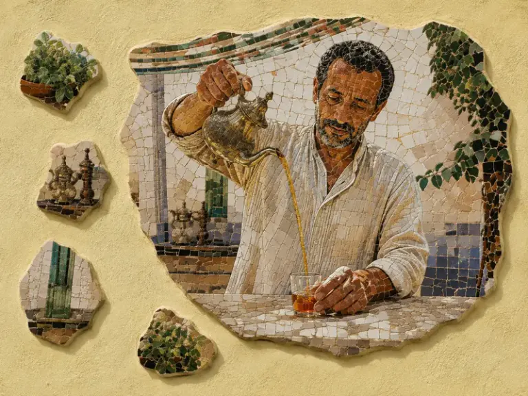 Tea vendor pouring from a brass pot in the Zellige Scatter style