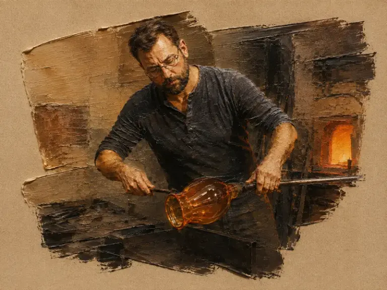 Glassblower shaping a glowing vase in the Paint Scrape style