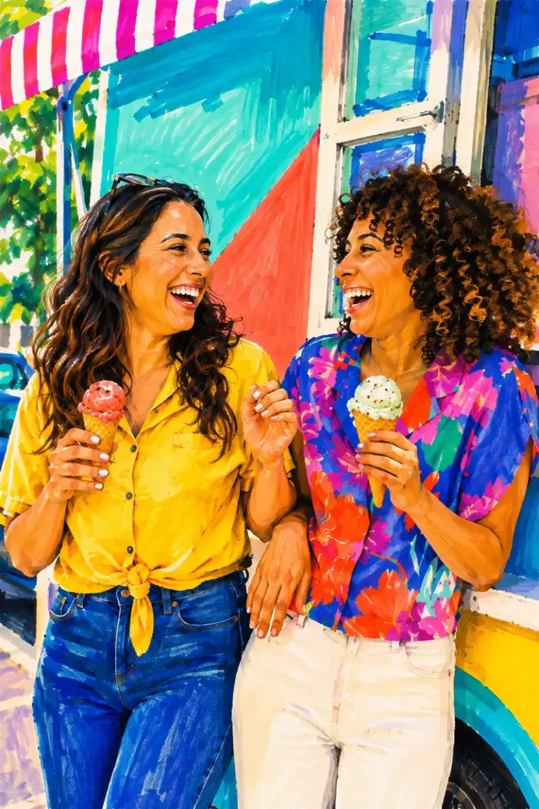 Two friends laughing with ice creams in the Dopamine Marker style